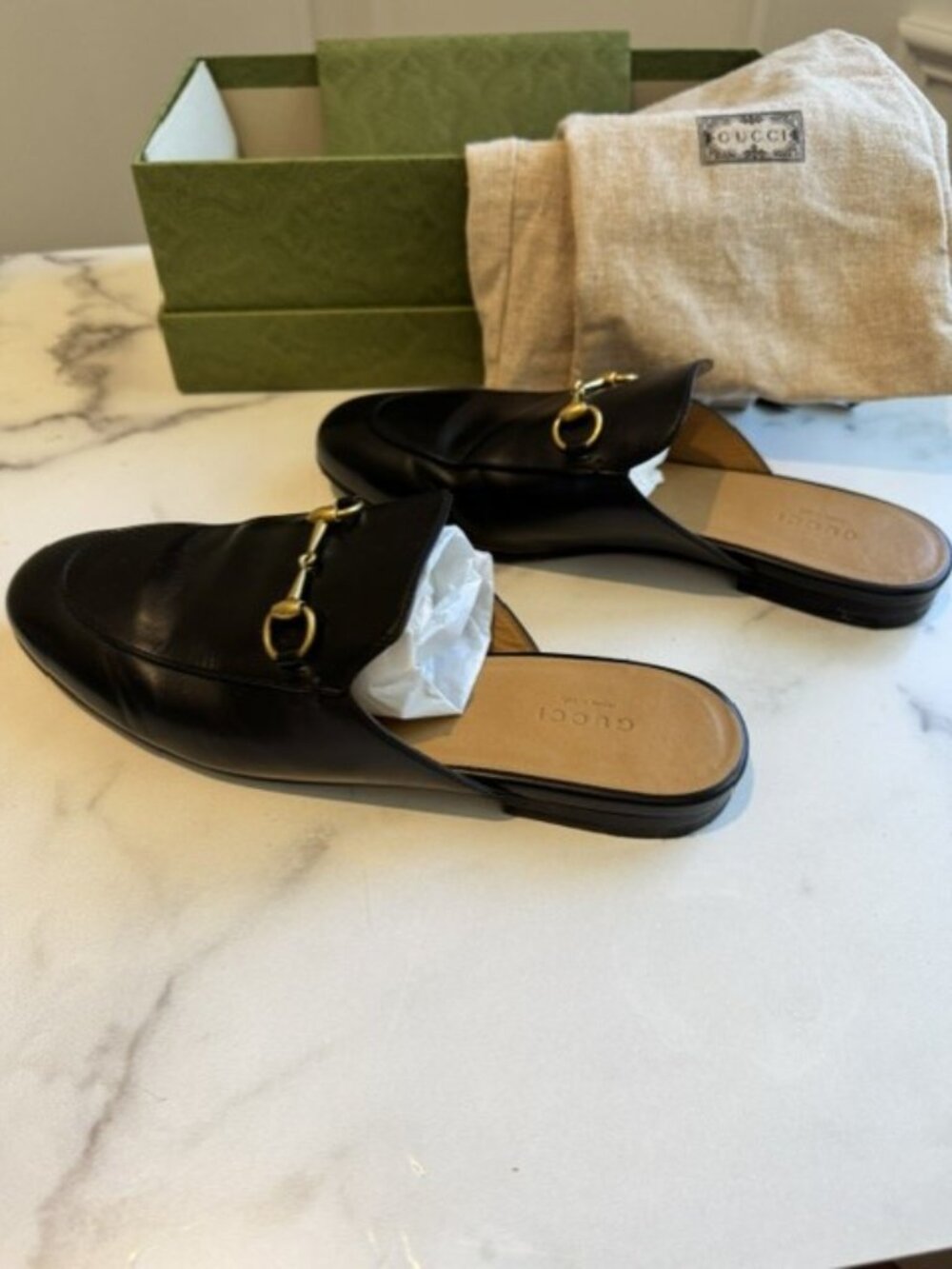Gucci Princetown Black Leather Horesbit Mules Loafers - size 38.5 - Picture 2 of 6